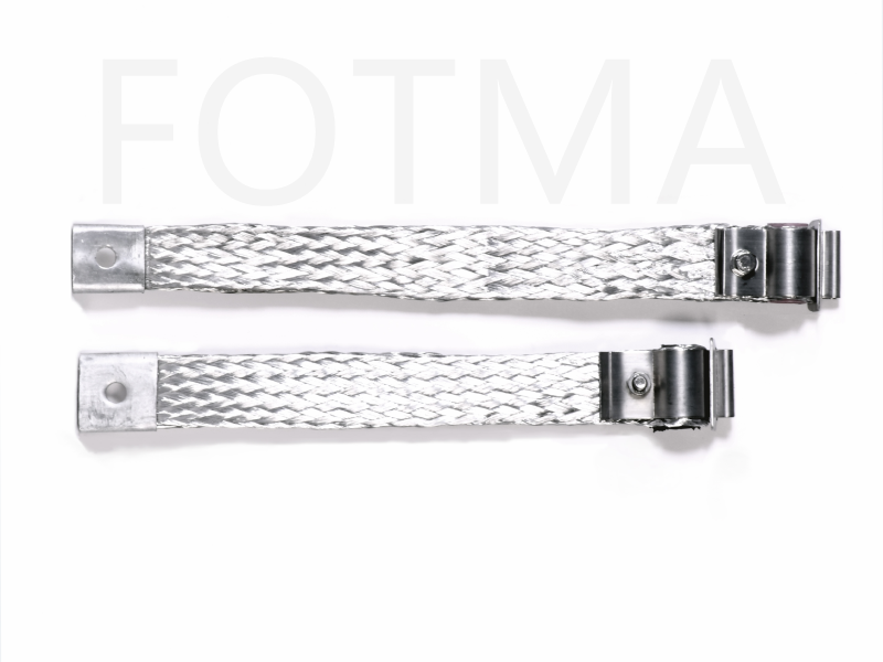 Braided aluminum straps.